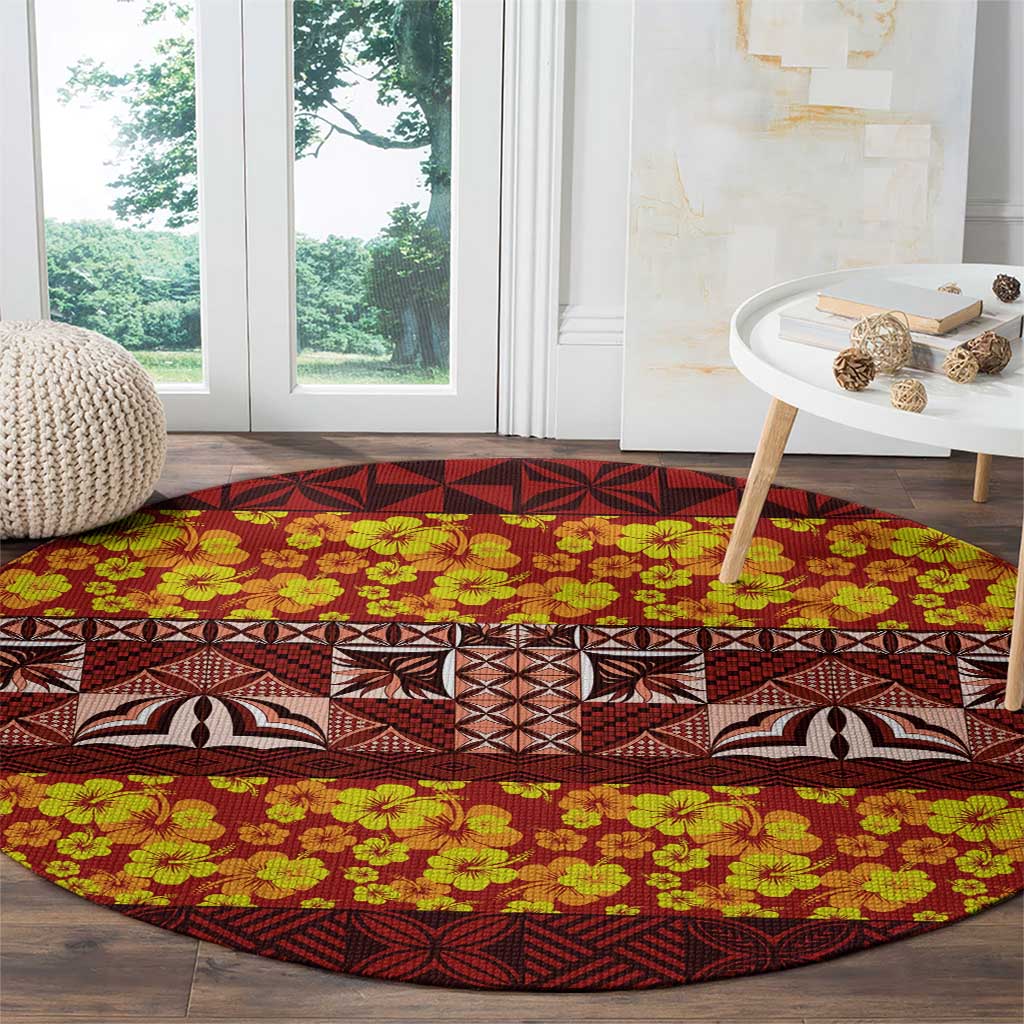 Samoa Siapo and Tapa Round Carpet Pacific Tribal Pattern with Hibiscus Striped Style LT03 - Polynesian Pride