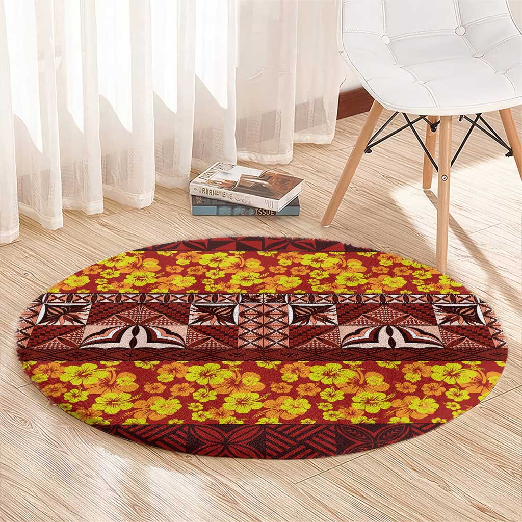 Samoa Siapo and Tapa Round Carpet Pacific Tribal Pattern with Hibiscus Striped Style LT03 - Polynesian Pride