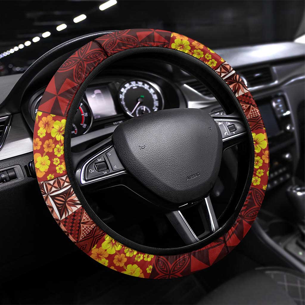 Samoa Siapo and Tapa Steering Wheel Cover Pacific Tribal Pattern with Hibiscus Striped Style LT03 Universal Fit Red - Polynesian Pride
