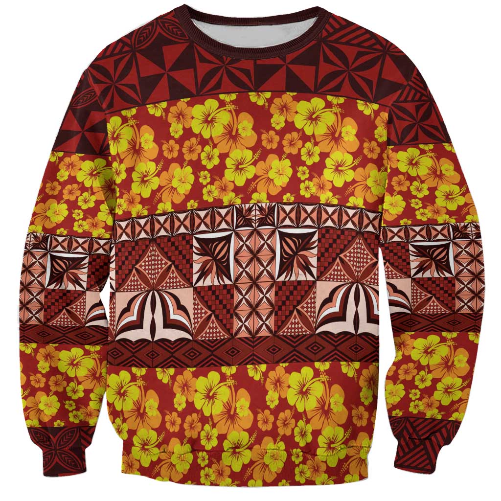 Samoa Siapo and Tapa Sweatshirt Pacific Tribal Pattern with Hibiscus Striped Style LT03 Unisex Red - Polynesian Pride