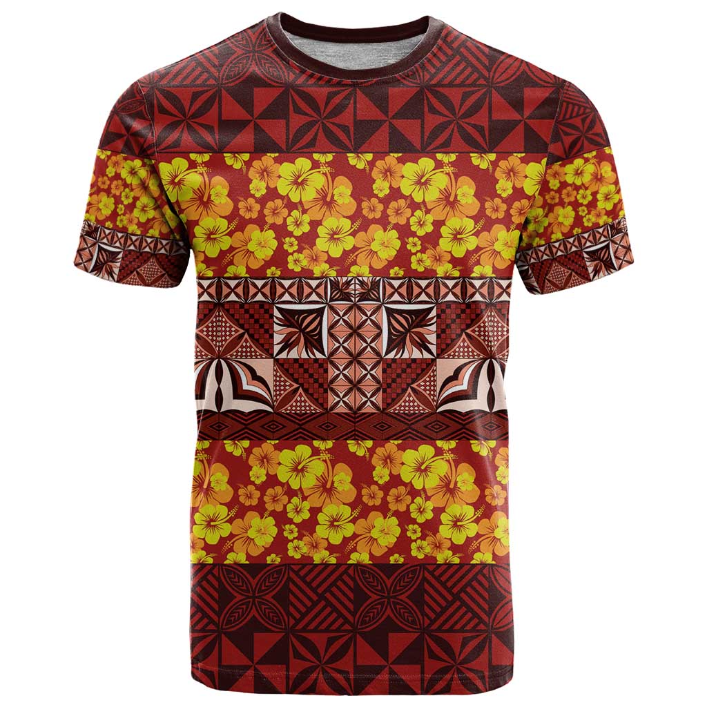 Samoa Siapo and Tapa T Shirt Pacific Tribal Pattern with Hibiscus Striped Style LT03 Red - Polynesian Pride