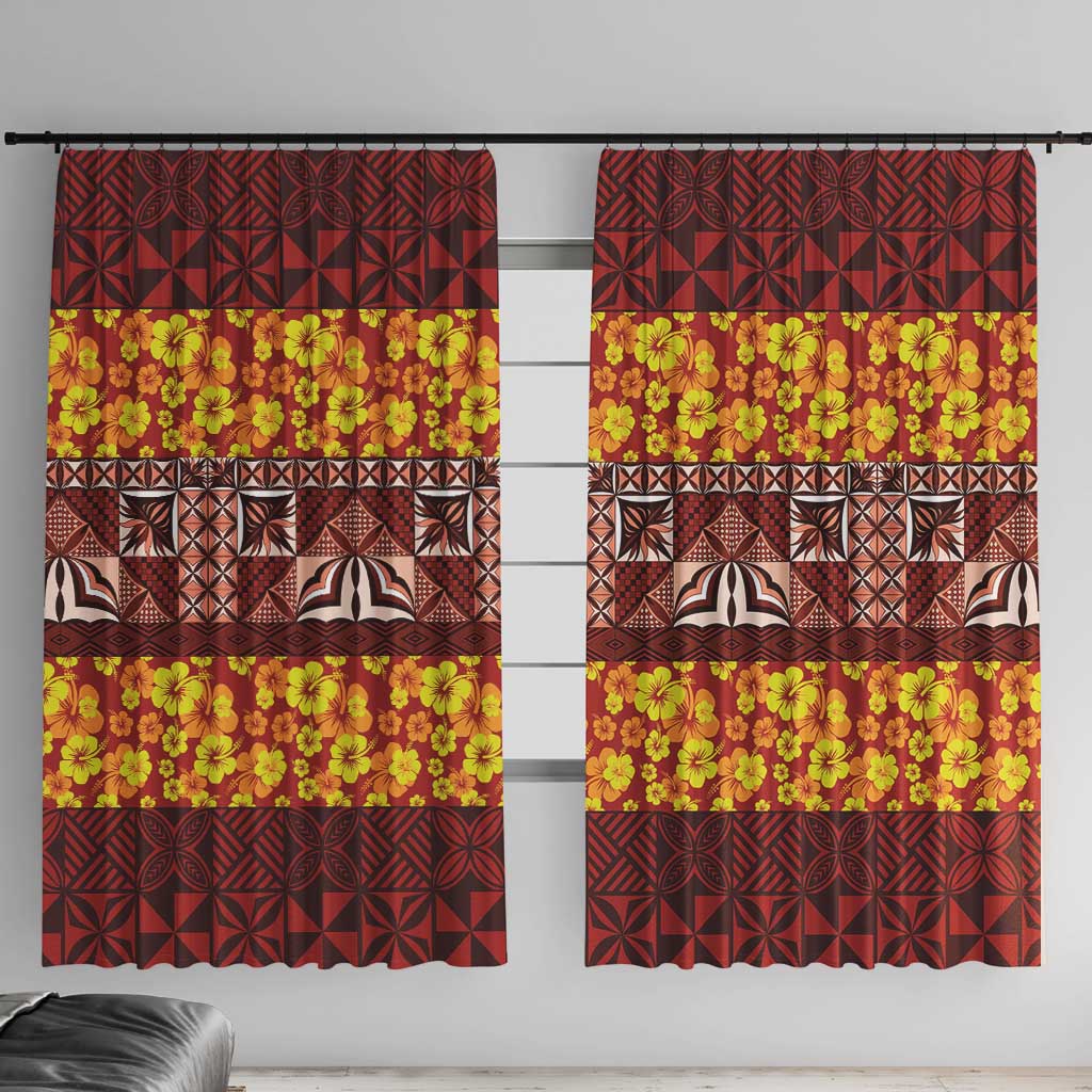 Samoa Siapo and Tapa Window Curtain Pacific Tribal Pattern with Hibiscus Striped Style LT03 With Hooks Red - Polynesian Pride