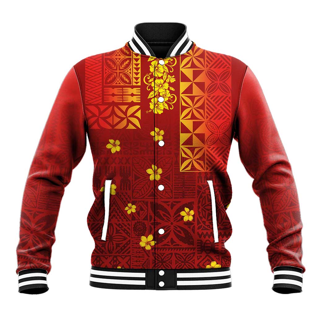 Samoa Tapa Pacific Tribal Pattern Baseball Jacket Hibiscus and Plumeria LT03 Unisex Red - Polynesian Pride