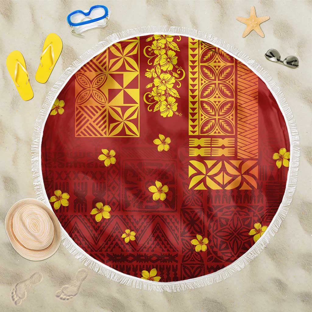 Samoa Tapa Pacific Tribal Pattern Beach Blanket Hibiscus and Plumeria LT03 One Size 150cm Red - Polynesian Pride