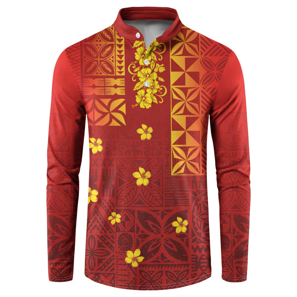 Samoa Tapa Pacific Tribal Pattern Button Sweatshirt Hibiscus and Plumeria LT03 Red - Polynesian Pride