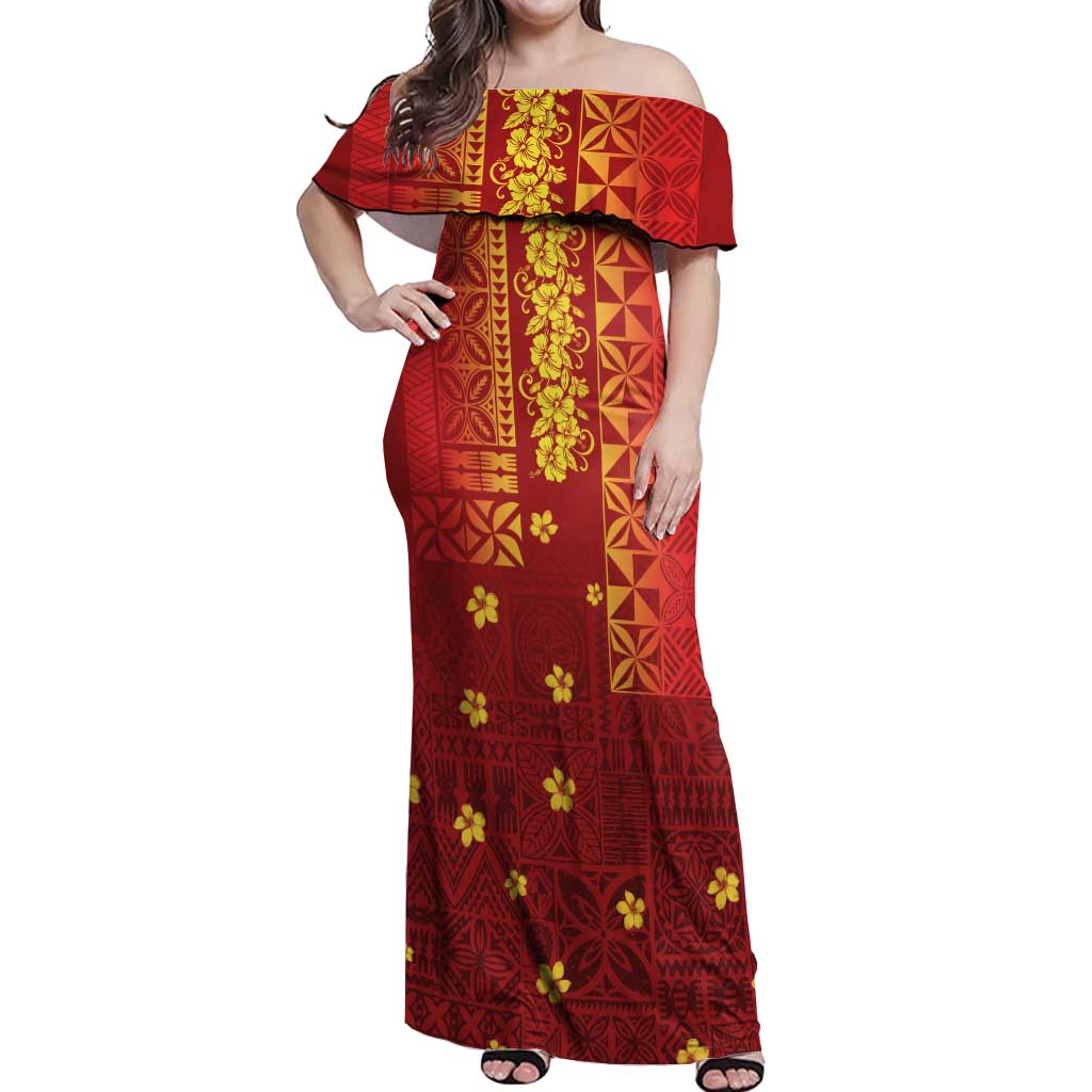 Samoa Tapa Pacific Tribal Pattern Off Shoulder Maxi Dress Hibiscus and Plumeria LT03 Women Red - Polynesian Pride
