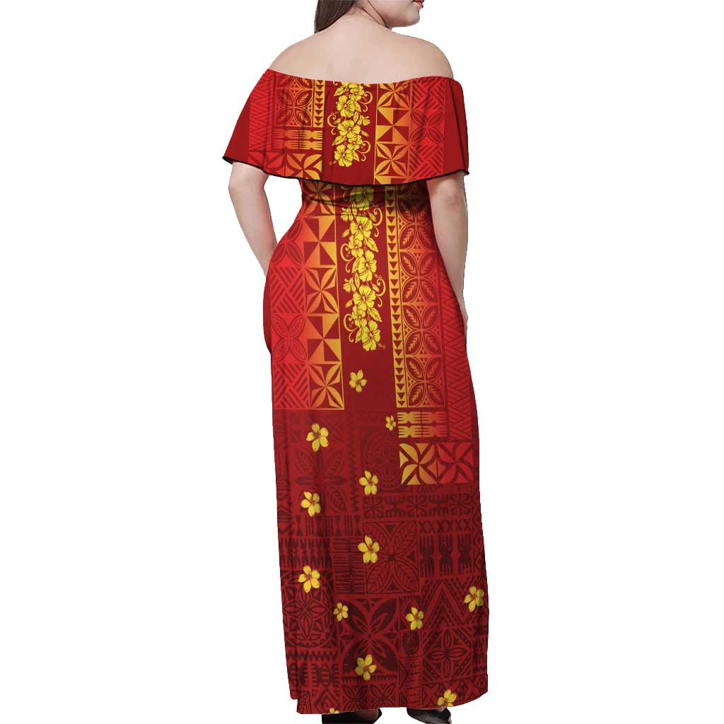 Samoa Tapa Pacific Tribal Pattern Off Shoulder Maxi Dress Hibiscus and Plumeria LT03 - Polynesian Pride