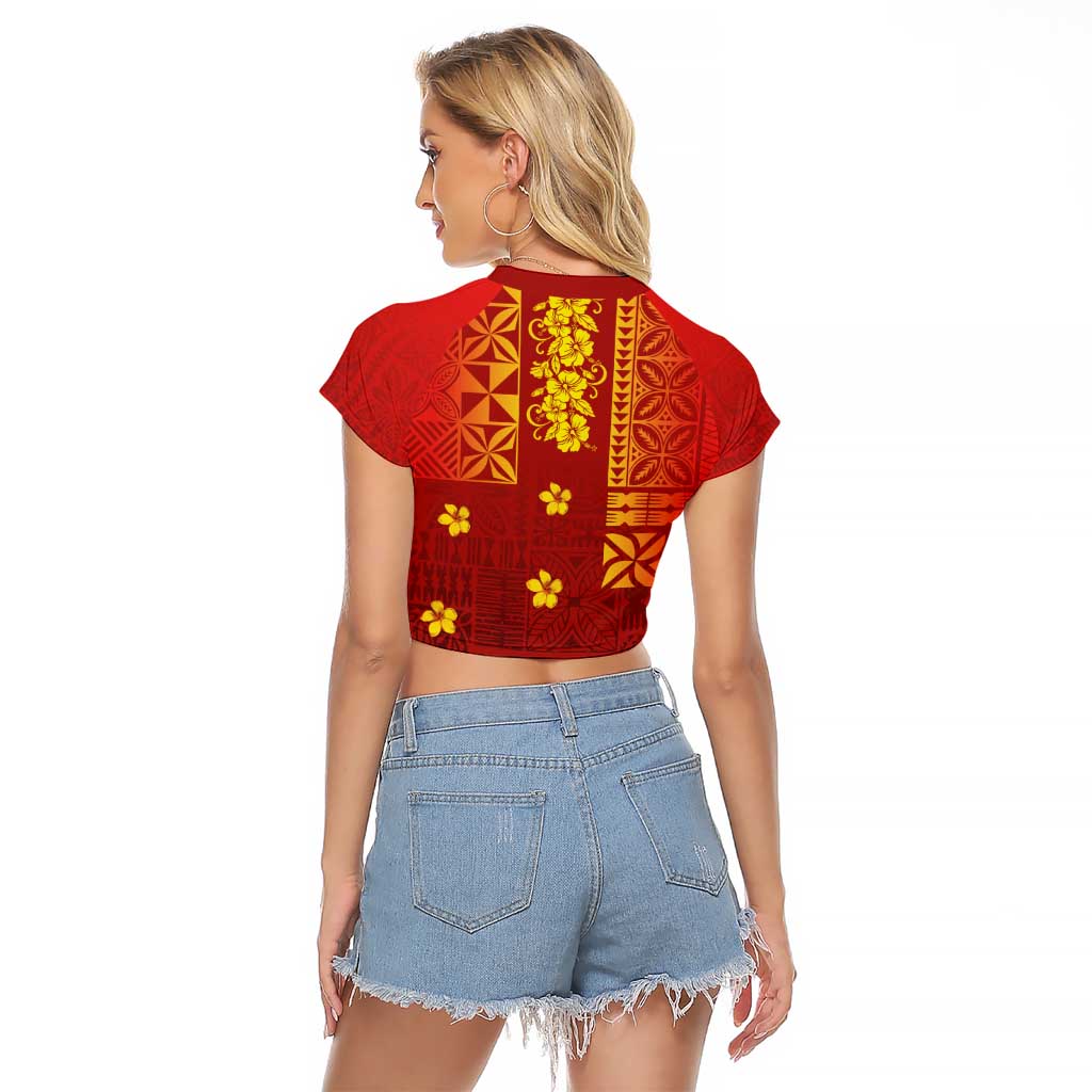Samoa Tapa Pacific Tribal Pattern Raglan Cropped T Shirt Hibiscus and Plumeria LT03 - Polynesian Pride