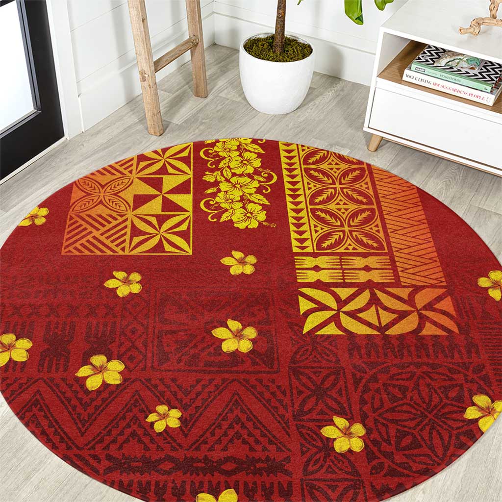 Samoa Tapa Pacific Tribal Pattern Round Carpet Hibiscus and Plumeria LT03 Red - Polynesian Pride