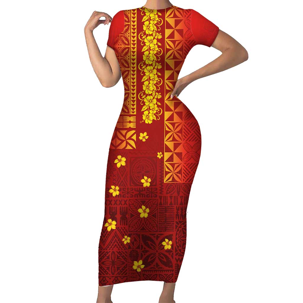 Samoa Tapa Pacific Tribal Pattern Short Sleeve Bodycon Dress Hibiscus and Plumeria