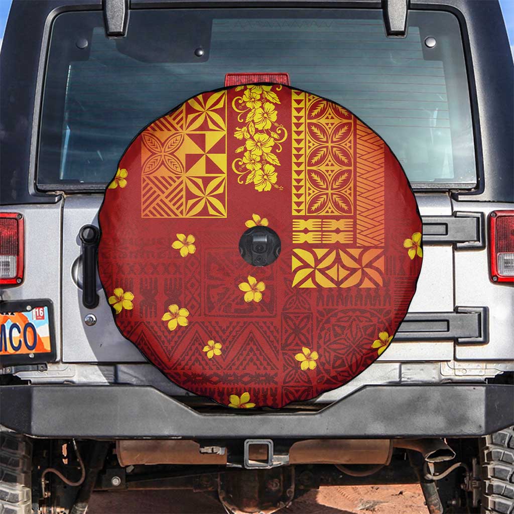 Samoa Tapa Pacific Tribal Pattern Spare Tire Cover Hibiscus and Plumeria LT03 Red - Polynesian Pride