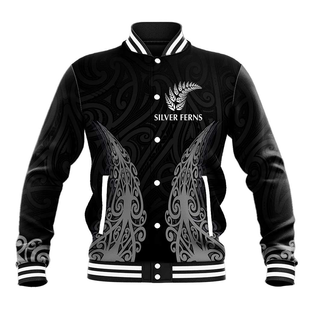 New Zealand Netball Baseball Jacket Koru and Maori Tattoo Jersey LT03 Unisex Black - Polynesian Pride