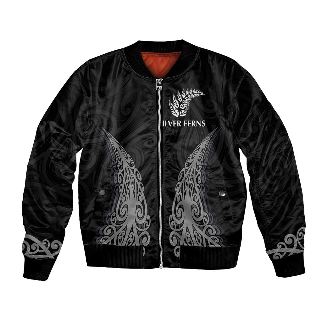 New Zealand Netball Bomber Jacket Koru and Maori Tattoo Jersey LT03 Unisex Black - Polynesian Pride