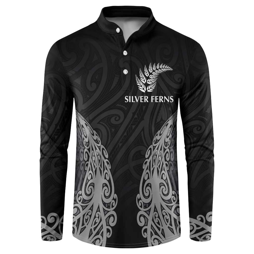 New Zealand Netball Button Sweatshirt Koru and Maori Tattoo Jersey LT03 Black - Polynesian Pride