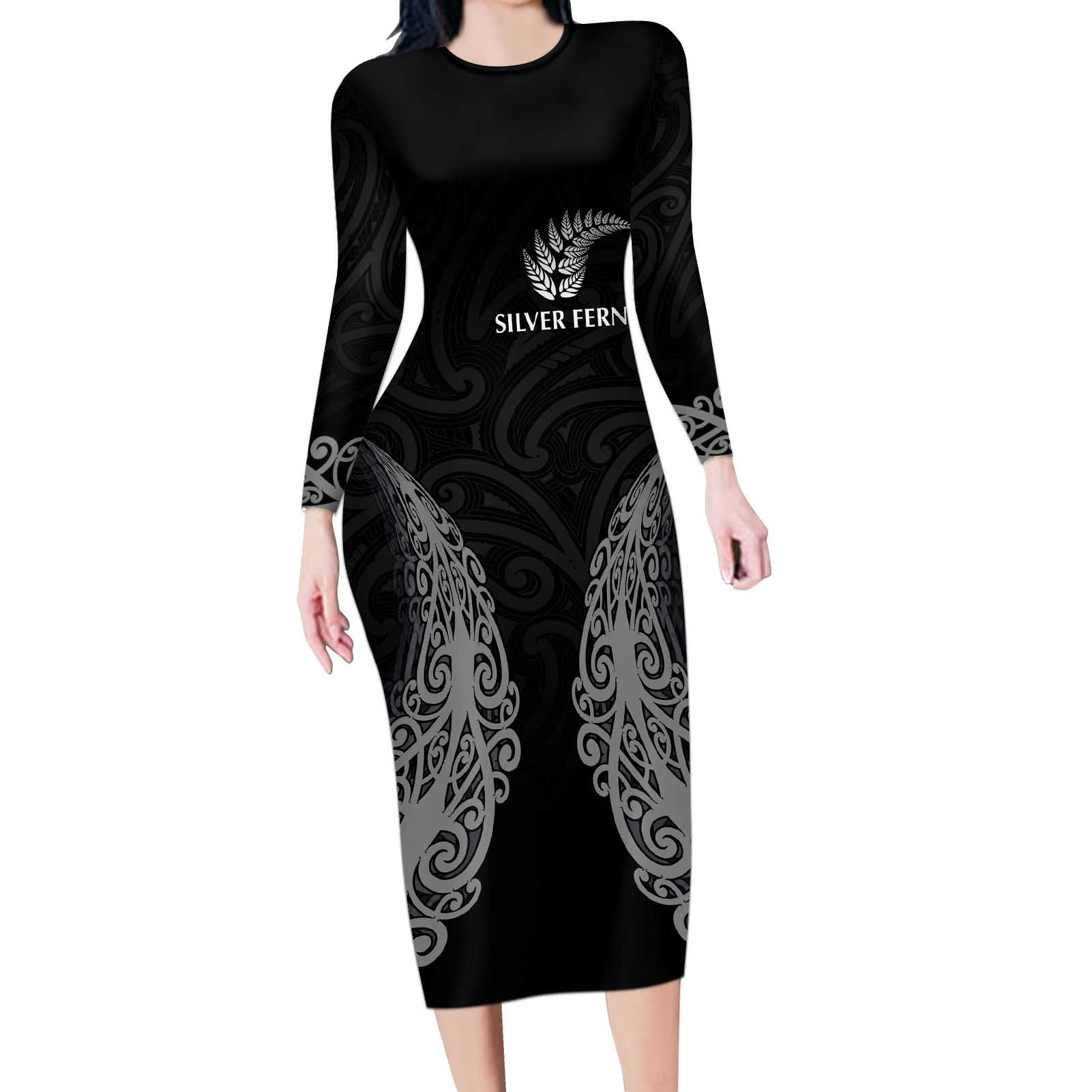 New Zealand Netball Long Sleeve Bodycon Dress Koru and Maori Tattoo Jersey