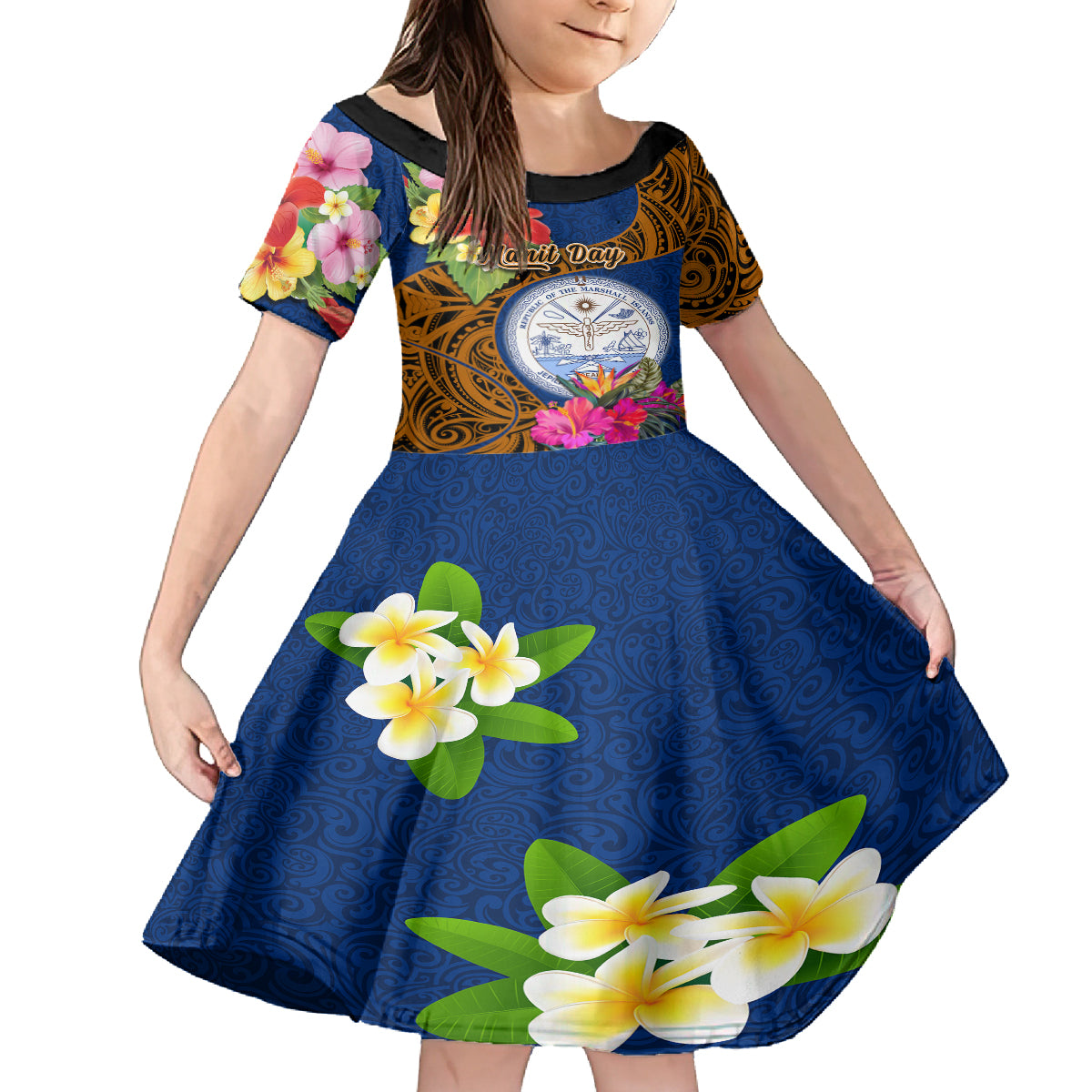 Personalised Marshall Islands Manit Day Kid Short Sleeve Dress Marshall Seal Mix Hibiscus Flower Maori Pattern Style LT03 KID Blue - Polynesian Pride