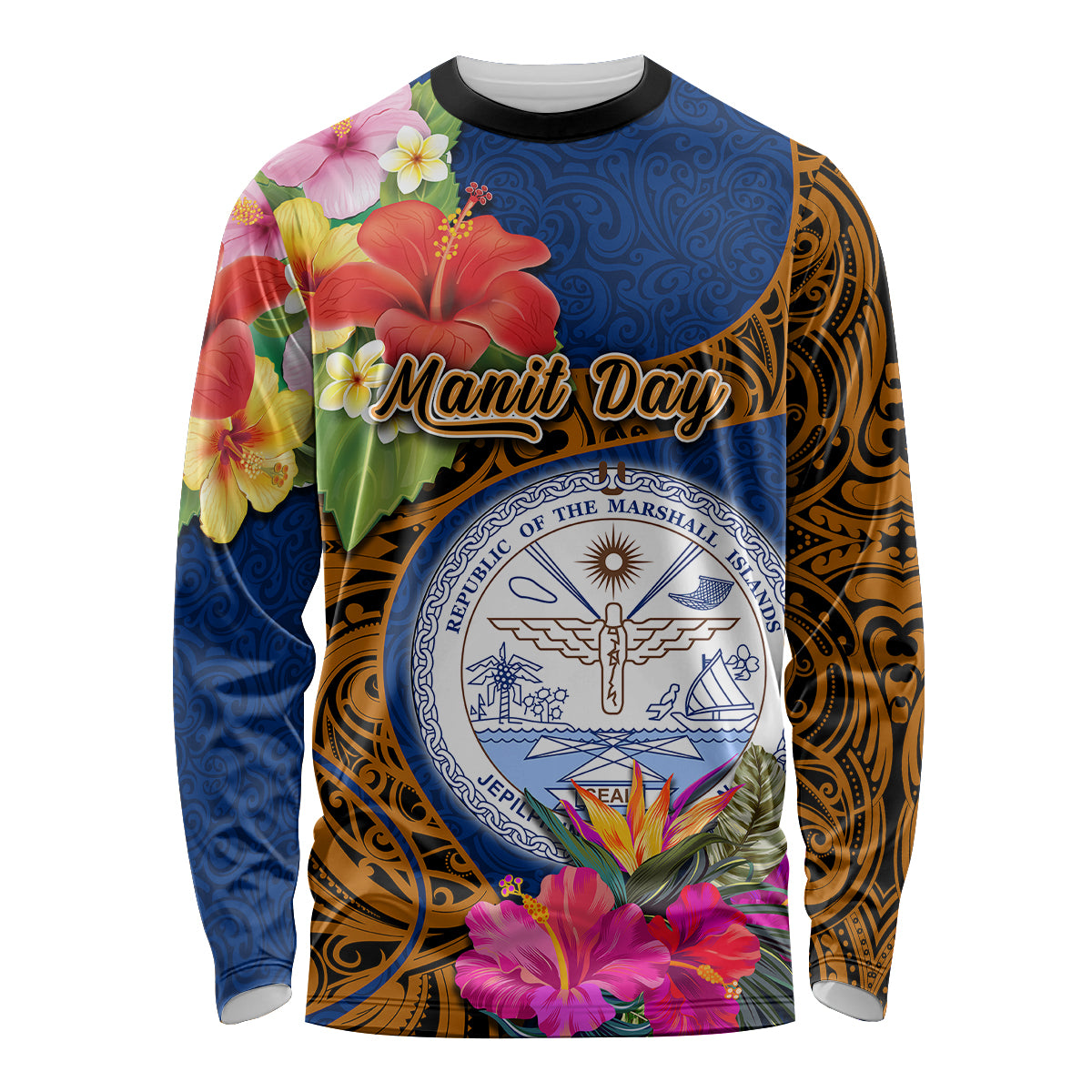 Personalised Marshall Islands Manit Day Long Sleeve Shirt Marshall Seal Mix Hibiscus Flower Maori Pattern Style LT03 Unisex Blue - Polynesian Pride