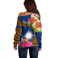 Personalised Marshall Islands Manit Day Off Shoulder Sweater Marshall Seal Mix Hibiscus Flower Maori Pattern Style LT03 - Polynesian Pride