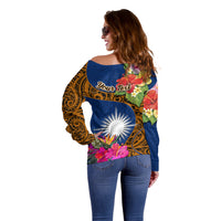 Personalised Marshall Islands Manit Day Off Shoulder Sweater Marshall Seal Mix Hibiscus Flower Maori Pattern Style LT03 - Polynesian Pride