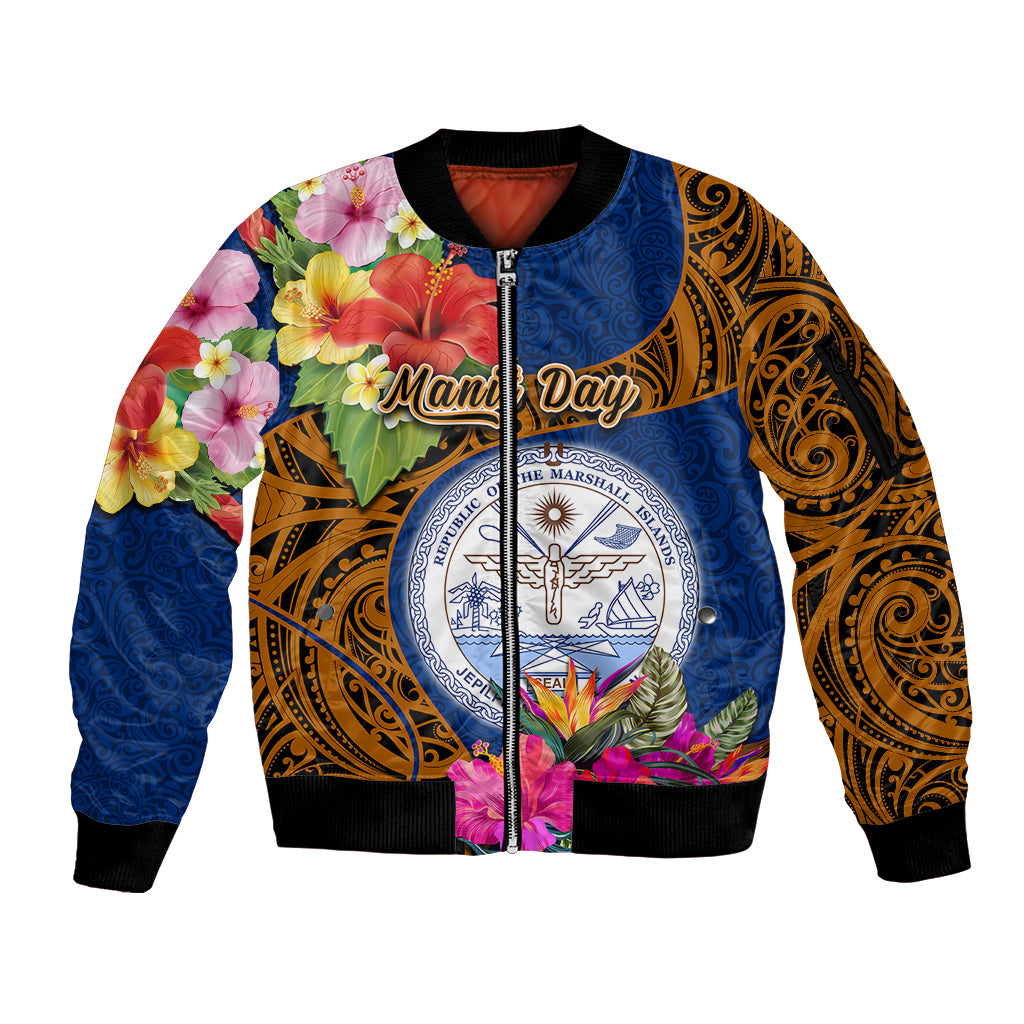 Personalised Marshall Islands Manit Day Sleeve Zip Bomber Jacket Marshall Seal Mix Hibiscus Flower Maori Pattern Style LT03 Unisex Blue - Polynesian Pride