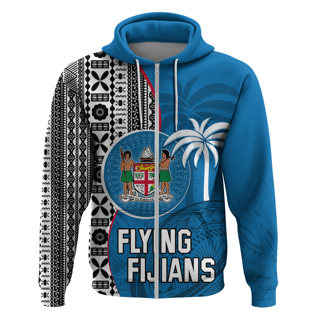 Fiji Rugby Hoodie Coat of Arms Palm Tree Mix Polynesia Tapa Pattern LT03 Zip Hoodie Blue - Polynesian Pride