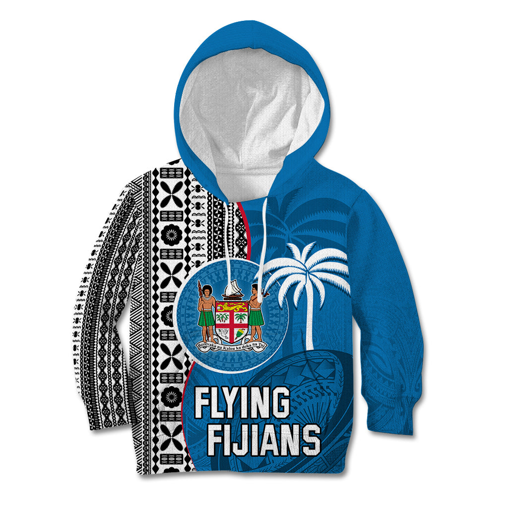 Fiji Rugby Kid Hoodie Coat of Arms Palm Tree Mix Polynesia Tapa Pattern LT03 Blue - Polynesian Pride