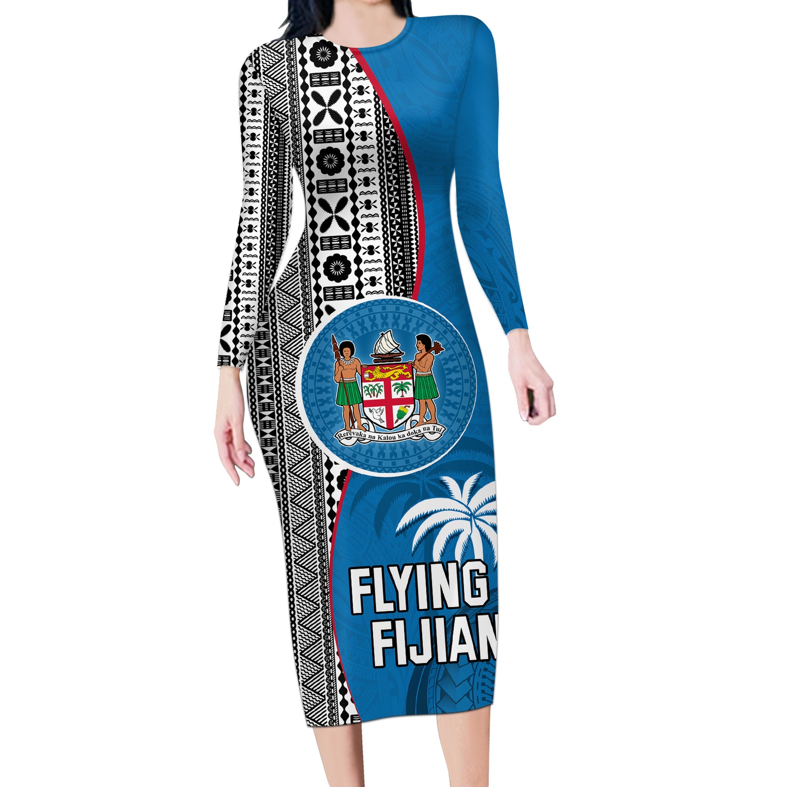 Fiji Rugby Long Sleeve Bodycon Dress Coat of Arms Palm Tree Mix Polynesia Tapa Pattern LT03 Long Dress Blue - Polynesian Pride