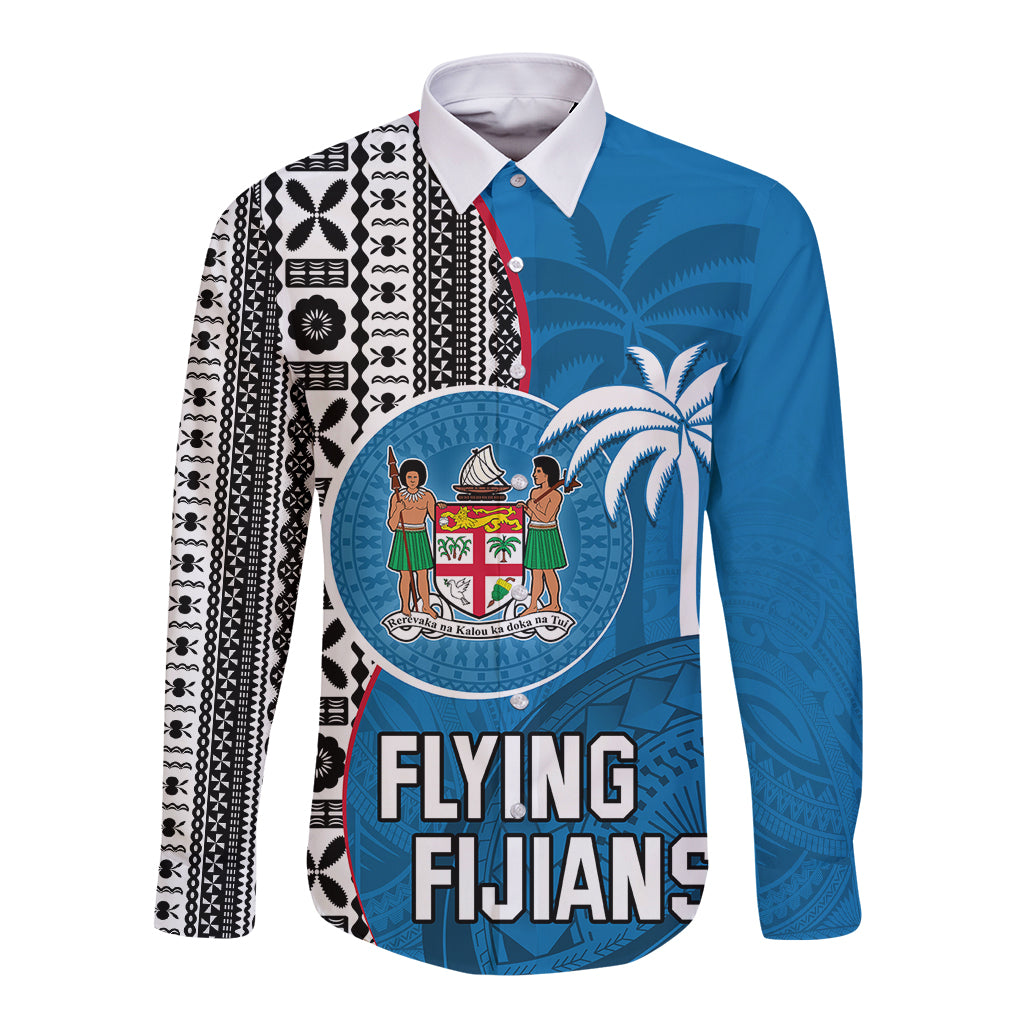 Fiji Rugby Long Sleeve Button Shirt Coat of Arms Palm Tree Mix Polynesia Tapa Pattern LT03 Unisex Blue - Polynesian Pride