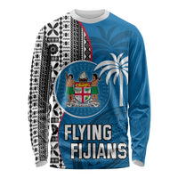Fiji Rugby Long Sleeve Shirt Coat of Arms Palm Tree Mix Polynesia Tapa Pattern LT03 Unisex Blue - Polynesian Pride