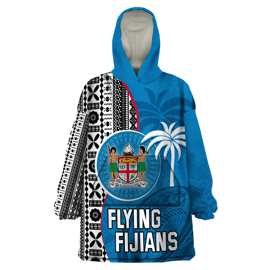 Custom Fiji Rugby Wearable Blanket Hoodie Coat of Arms Palm Tree Mix Polynesia Tapa Pattern LT03 One Size Blue - Polynesian Pride