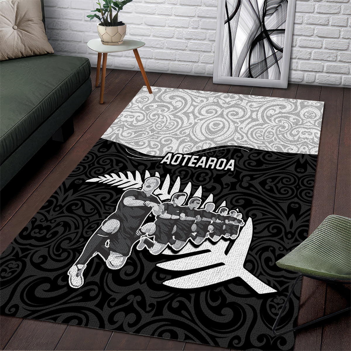 New Zealand World Cup 2023 Area Rug Aotearoa Haka Rugby with Silver Fern Maori Ethnic Pattern LT03 Black - Polynesian Pride