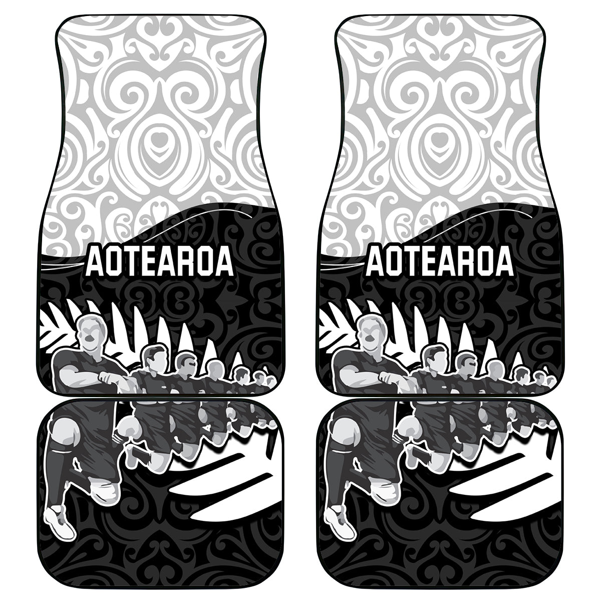 New Zealand World Cup 2023 Car Mats Aotearoa Haka Rugby with Silver Fern Maori Ethnic Pattern LT03 Black - Polynesian Pride