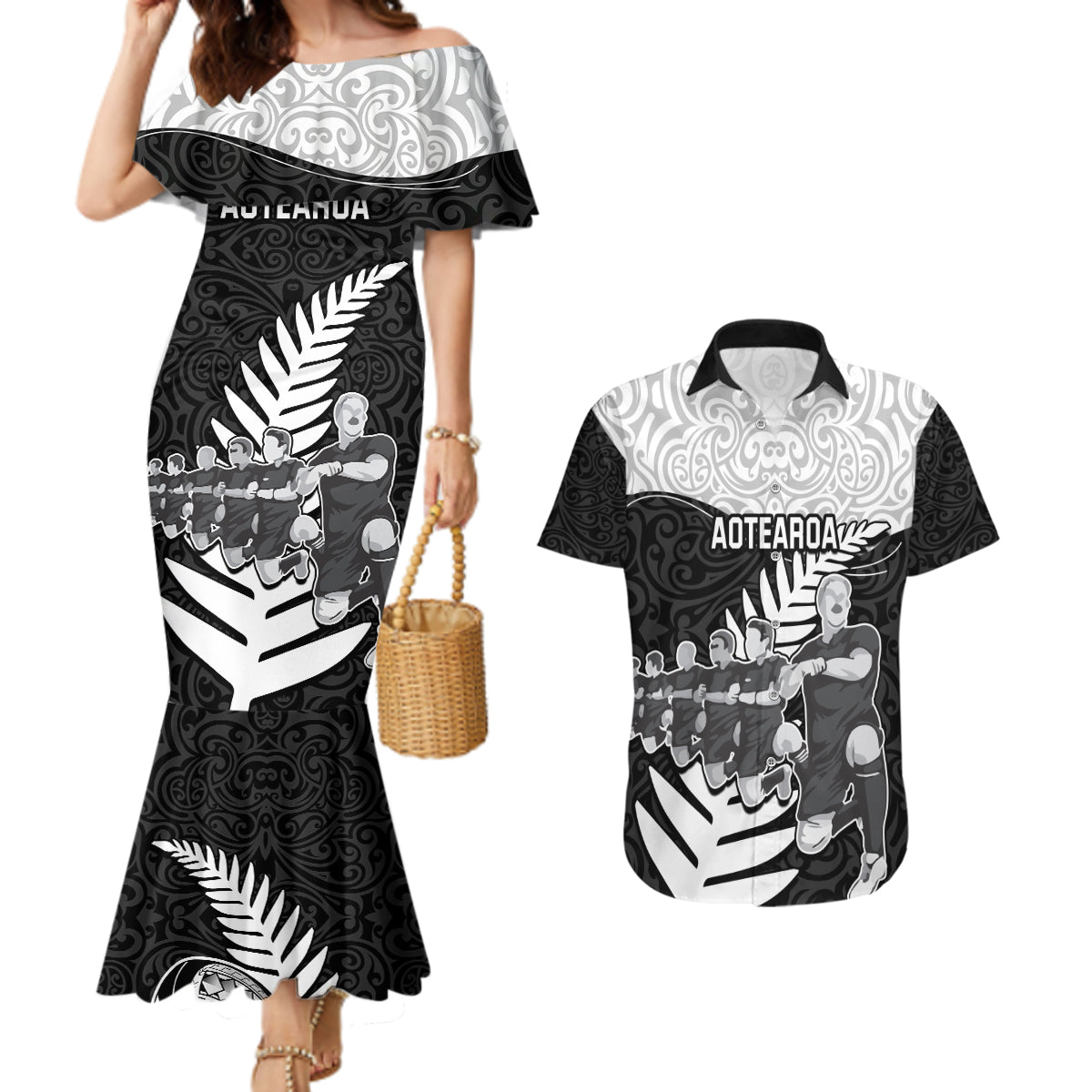 New Zealand World Cup 2023 Couples Matching Mermaid Dress and Hawaiian Shirt Aotearoa Haka Rugby with Silver Fern Maori Ethnic Pattern LT03 Black - Polynesian Pride