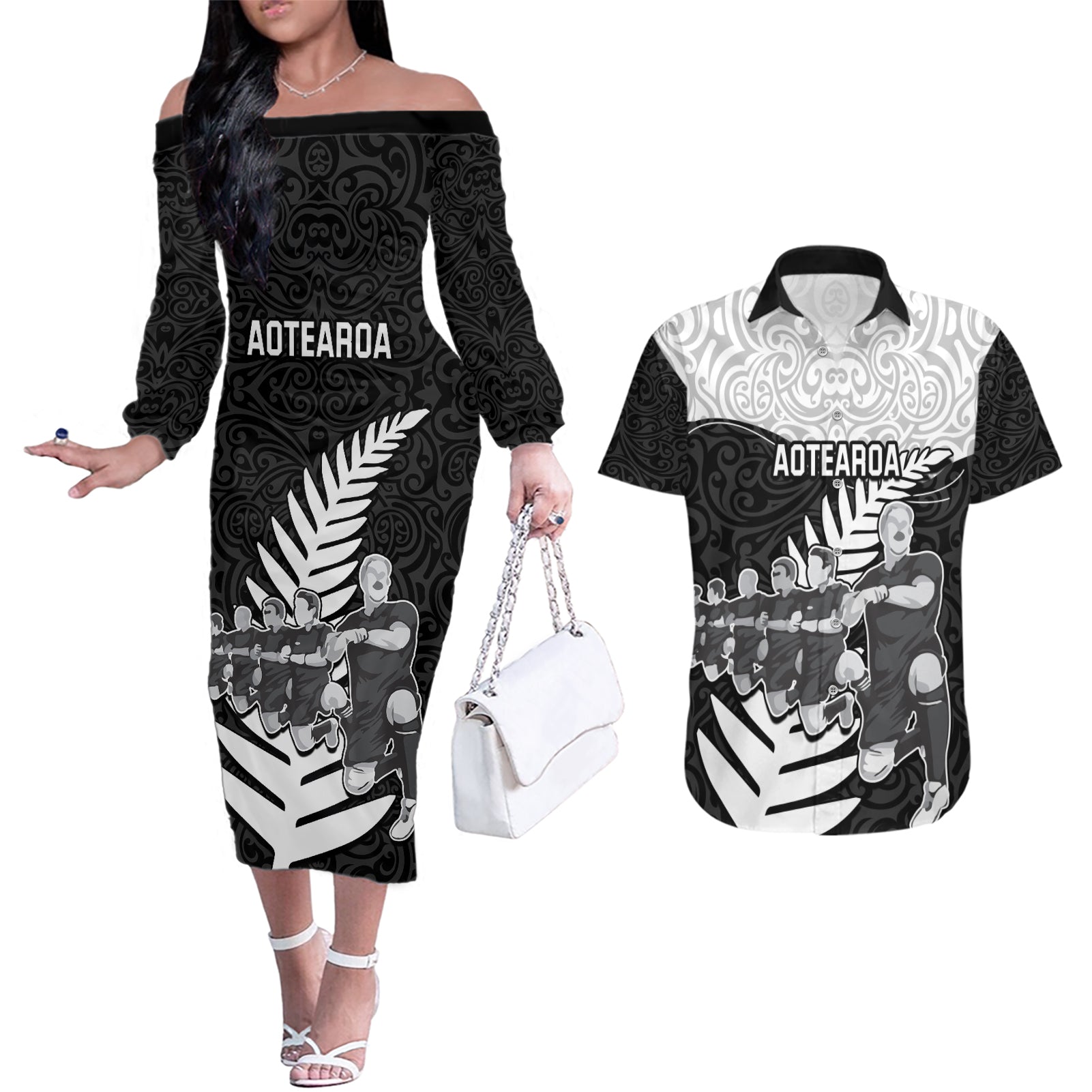 New Zealand World Cup 2023 Couples Matching Off The Shoulder Long Sleeve Dress and Hawaiian Shirt Aotearoa Haka Rugby with Silver Fern Maori Ethnic Pattern LT03 Black - Polynesian Pride