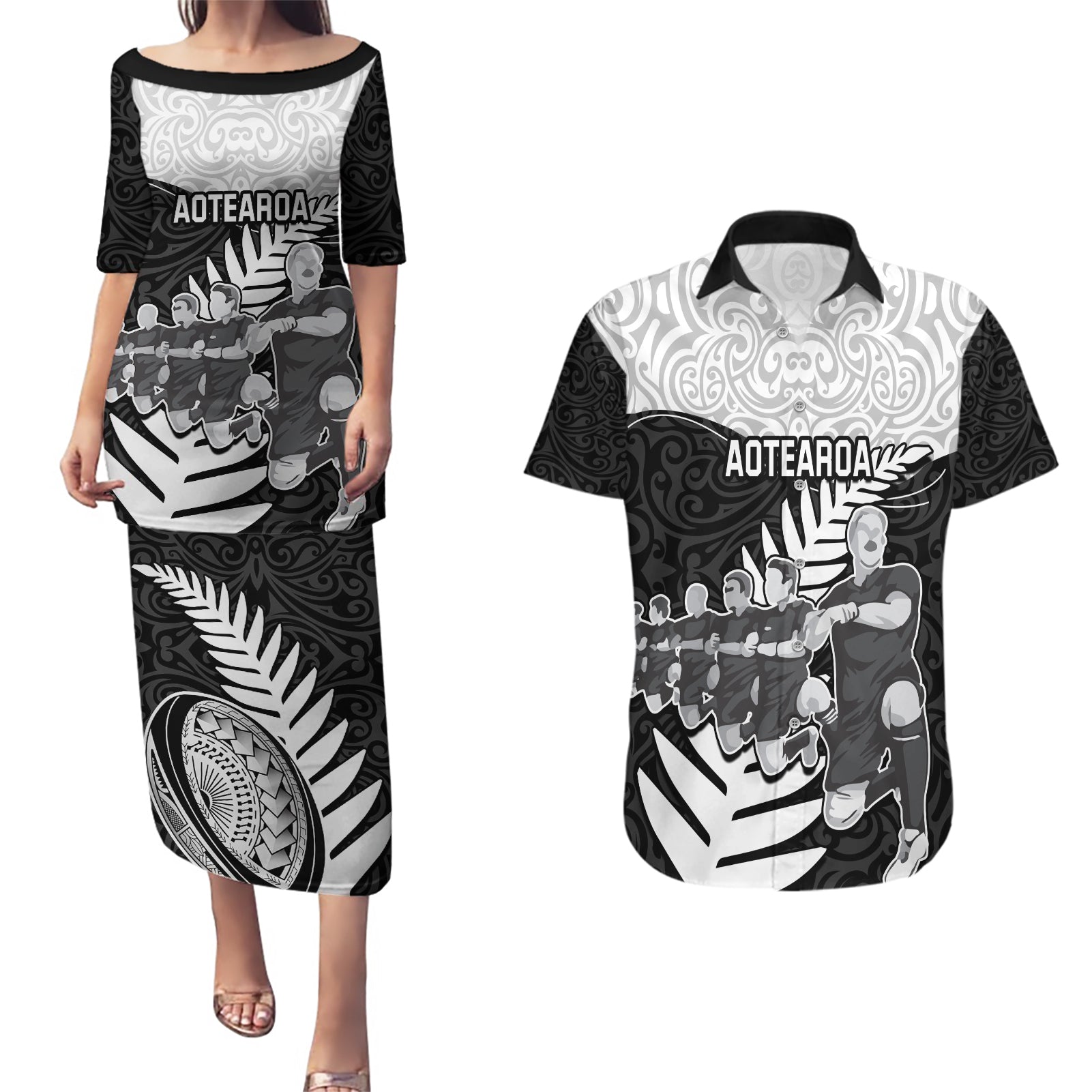 New Zealand World Cup 2023 Couples Matching Puletasi Dress and Hawaiian Shirt Aotearoa Haka Rugby with Silver Fern Maori Ethnic Pattern LT03 Black - Polynesian Pride