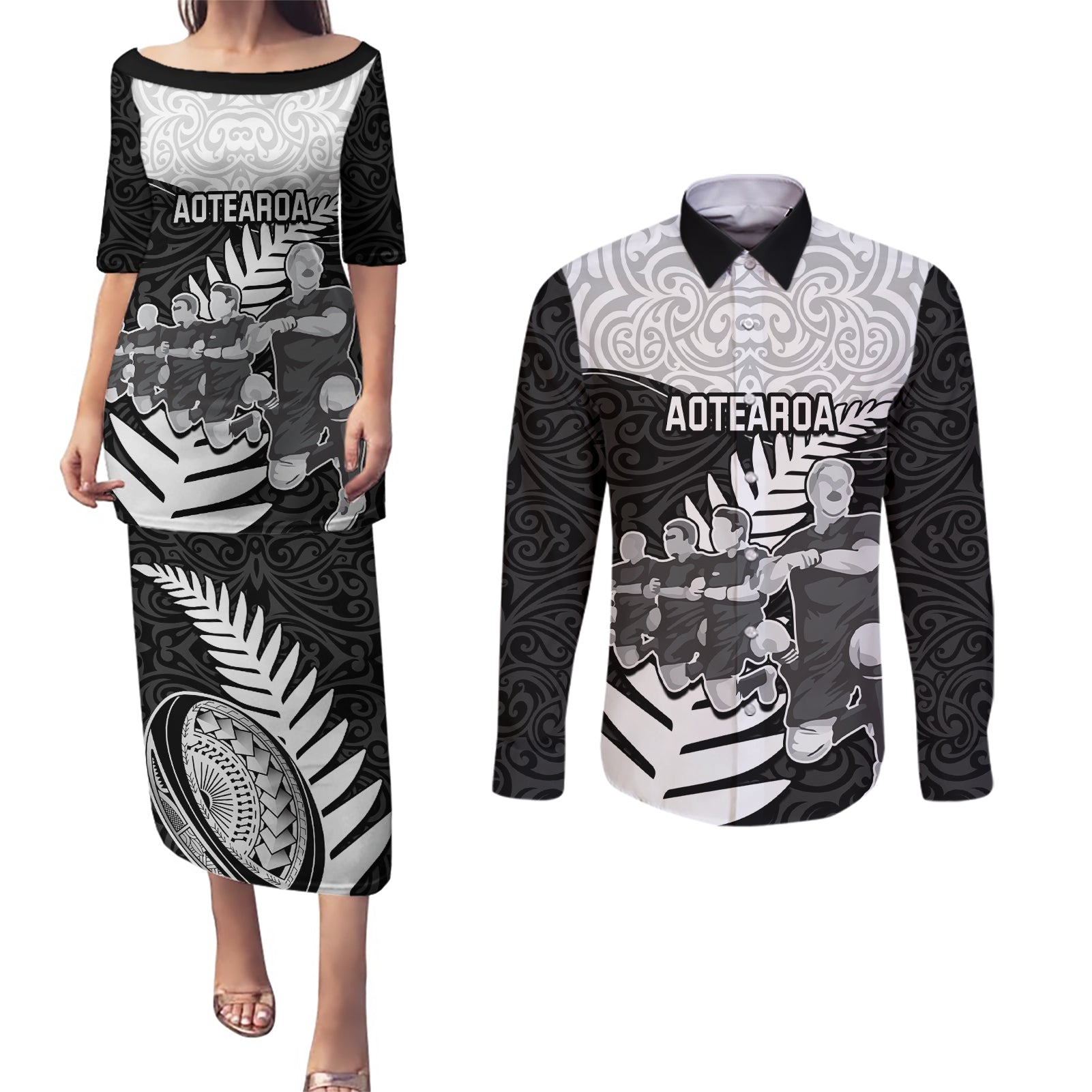 New Zealand World Cup 2023 Couples Matching Puletasi Dress and Long Sleeve Button Shirt Aotearoa Haka Rugby with Silver Fern Maori Ethnic Pattern LT03 Black - Polynesian Pride