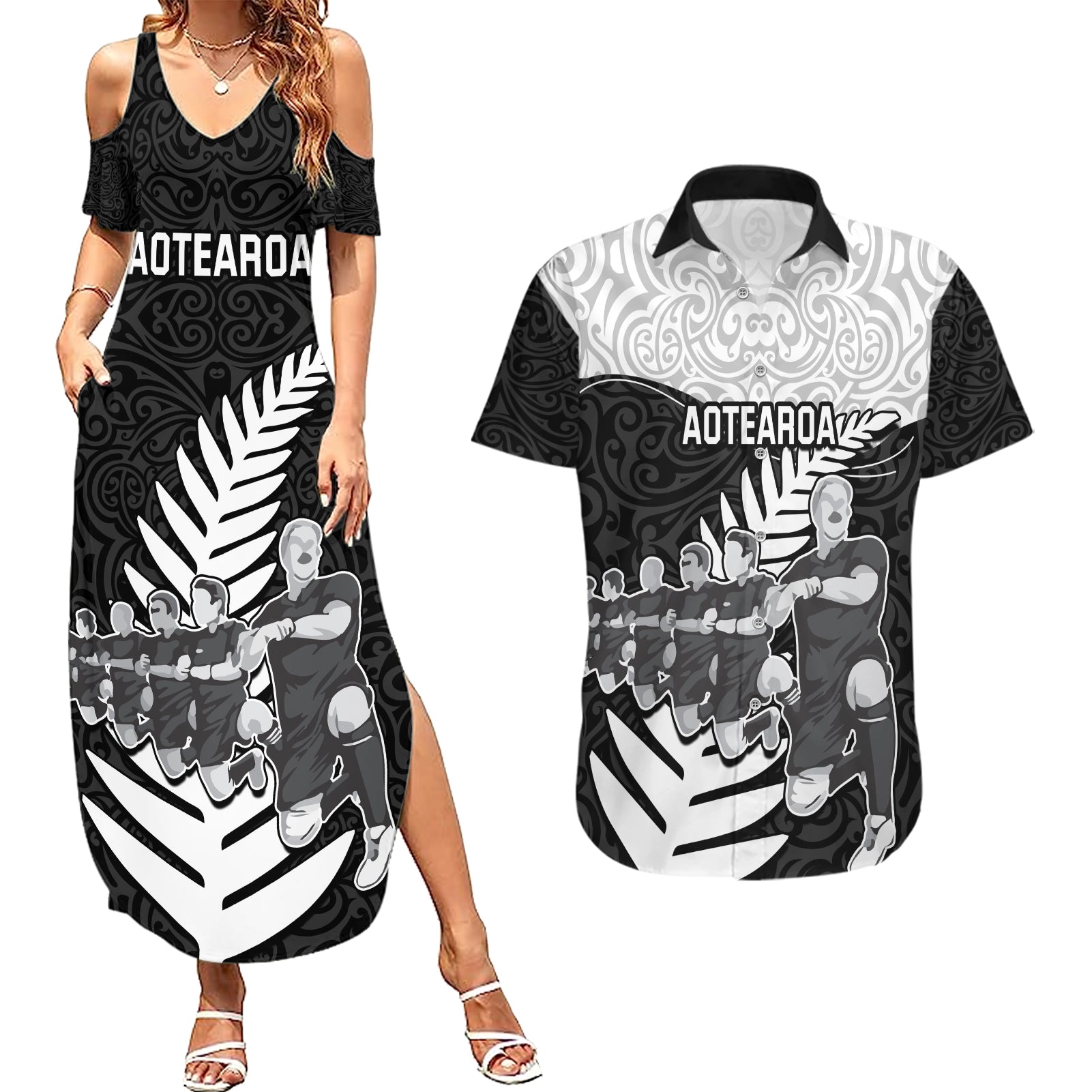 New Zealand World Cup 2023 Couples Matching Summer Maxi Dress and Hawaiian Shirt Aotearoa Haka Rugby with Silver Fern Maori Ethnic Pattern LT03 Black - Polynesian Pride