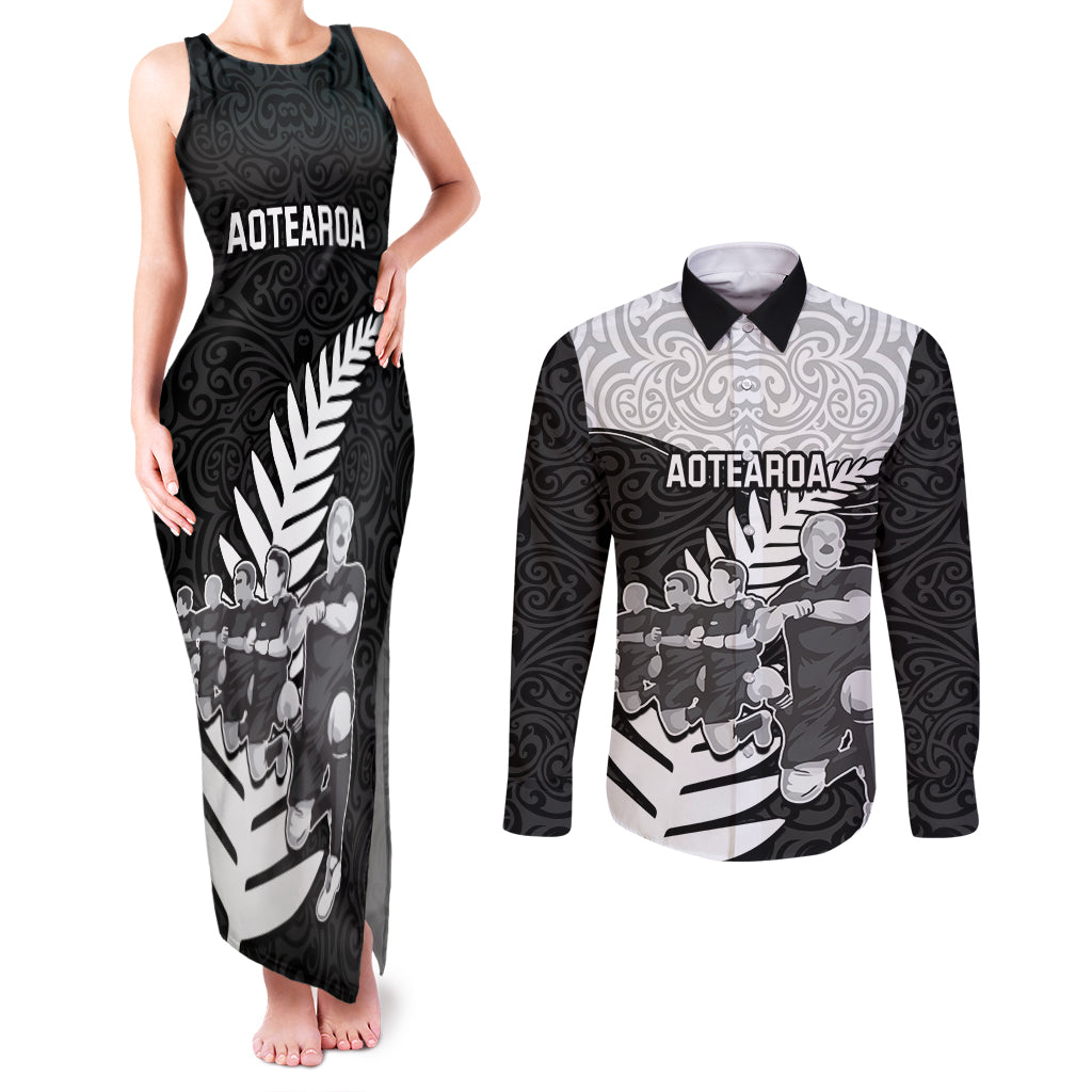 New Zealand World Cup 2023 Couples Matching Tank Maxi Dress and Long Sleeve Button Shirt Aotearoa Haka Rugby with Silver Fern Maori Ethnic Pattern LT03 Black - Polynesian Pride