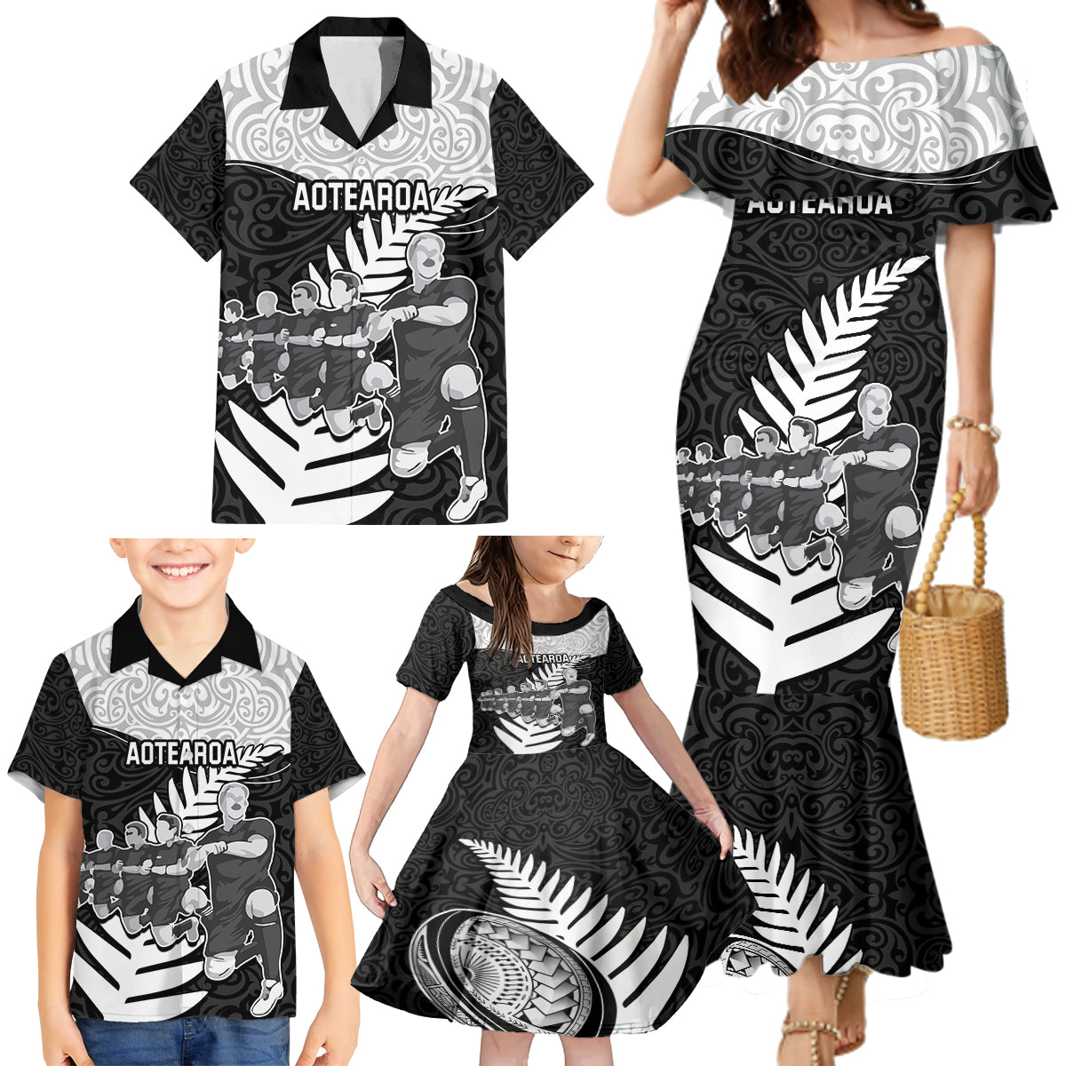 New Zealand World Cup 2023 Family Matching Mermaid Dress and Hawaiian Shirt Aotearoa Haka Rugby with Silver Fern Maori Ethnic Pattern LT03 - Polynesian Pride