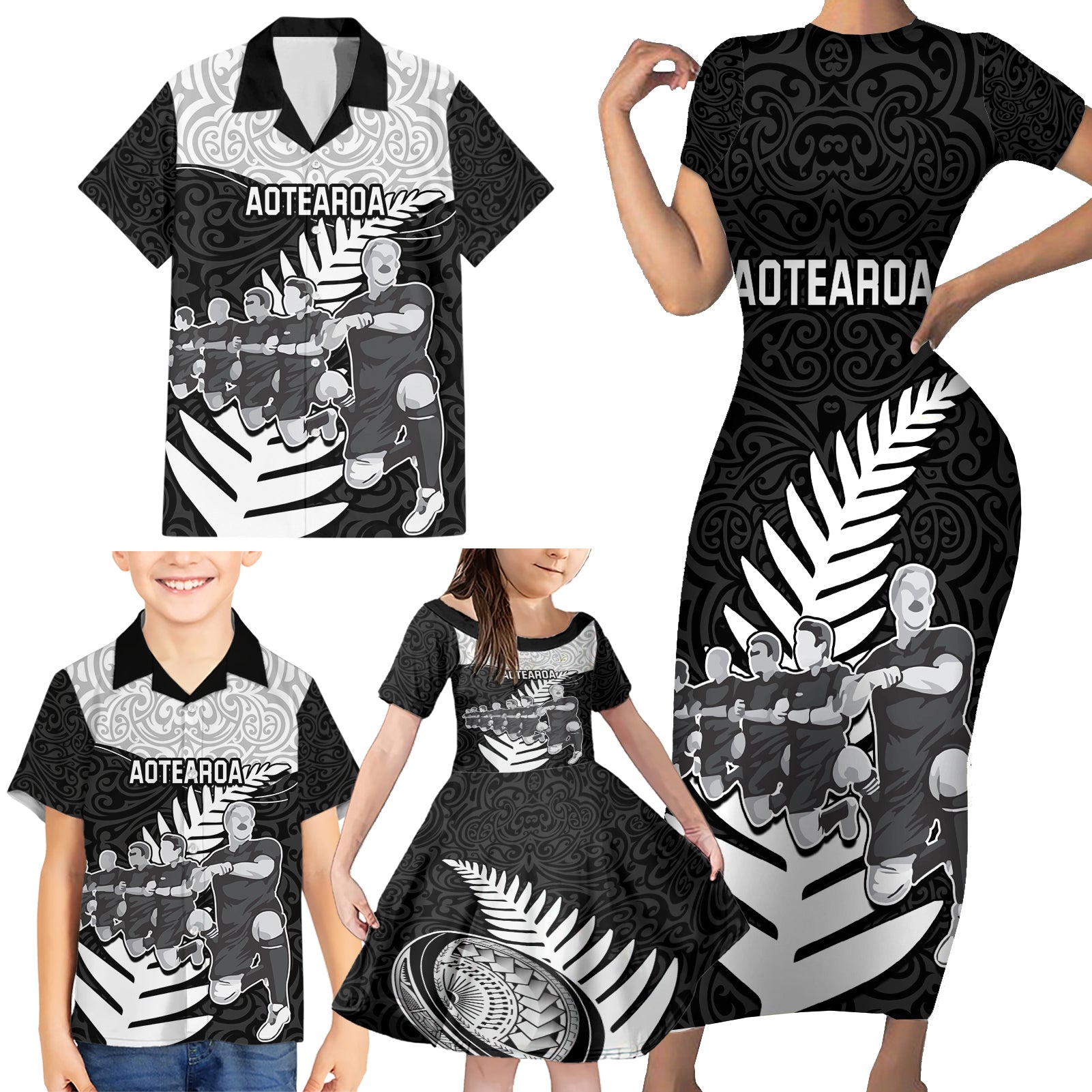 New Zealand World Cup 2023 Family Matching Short Sleeve Bodycon Dress and Hawaiian Shirt Aotearoa Haka Rugby with Silver Fern Maori Ethnic Pattern LT03 - Polynesian Pride