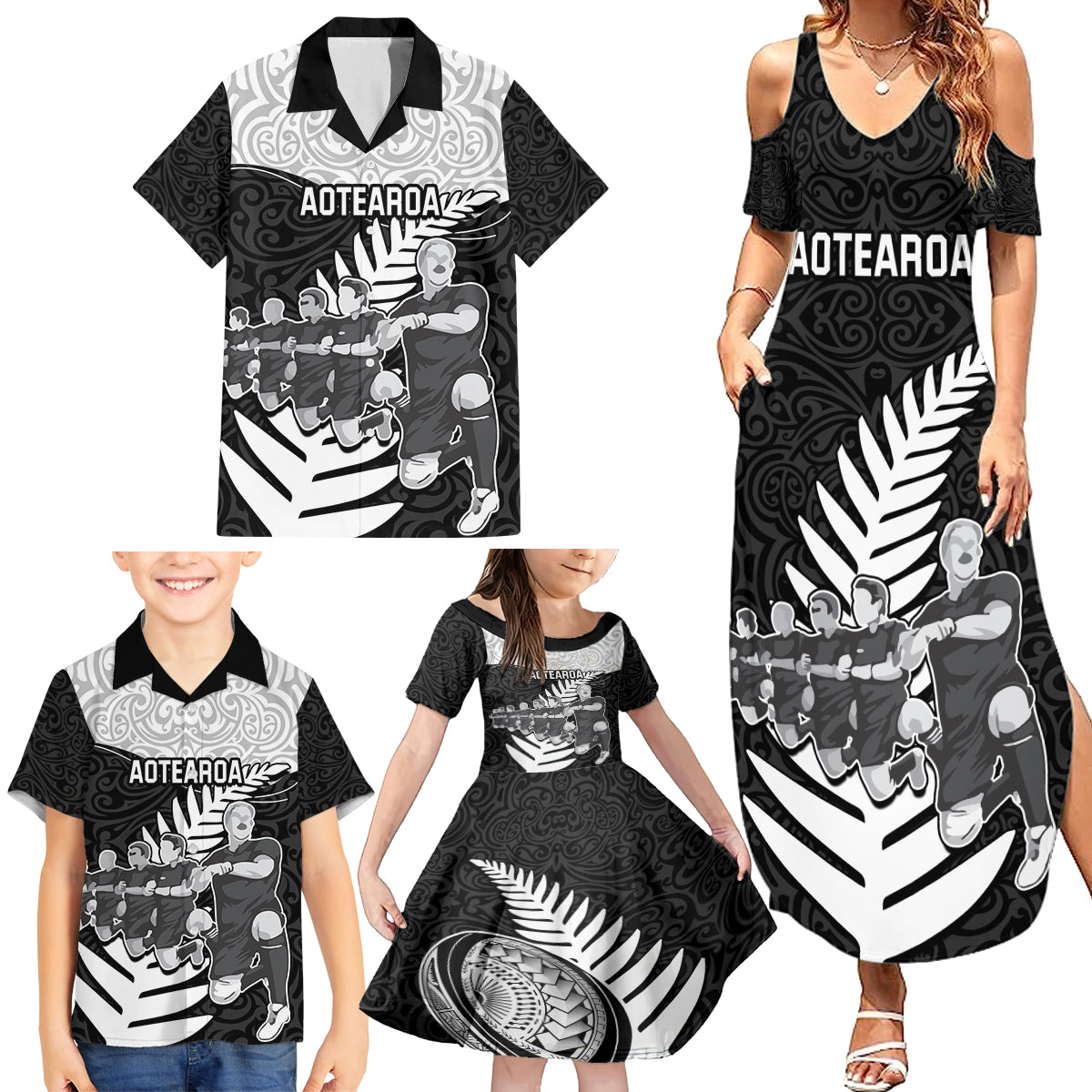 New Zealand World Cup 2023 Family Matching Summer Maxi Dress and Hawaiian Shirt Aotearoa Haka Rugby with Silver Fern Maori Ethnic Pattern LT03 - Polynesian Pride