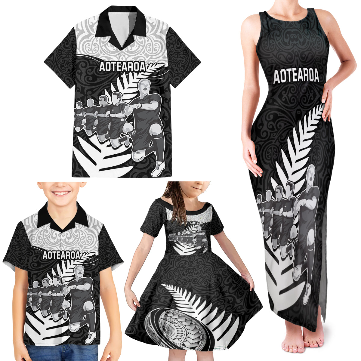 New Zealand World Cup 2023 Family Matching Tank Maxi Dress and Hawaiian Shirt Aotearoa Haka Rugby with Silver Fern Maori Ethnic Pattern LT03 - Polynesian Pride