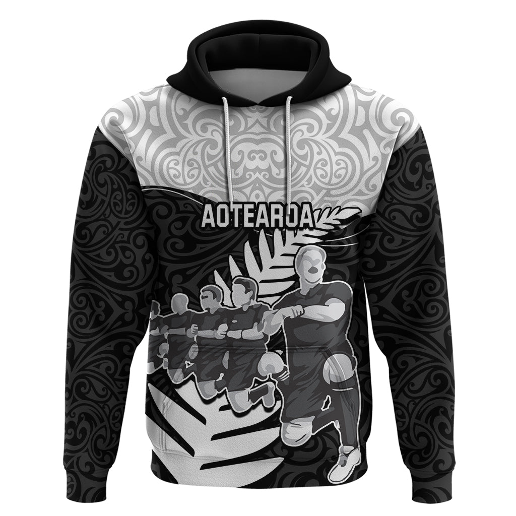 New Zealand World Cup 2023 Hoodie Aotearoa Haka Rugby with Silver Fern Maori Ethnic Pattern LT03 Black - Polynesian Pride