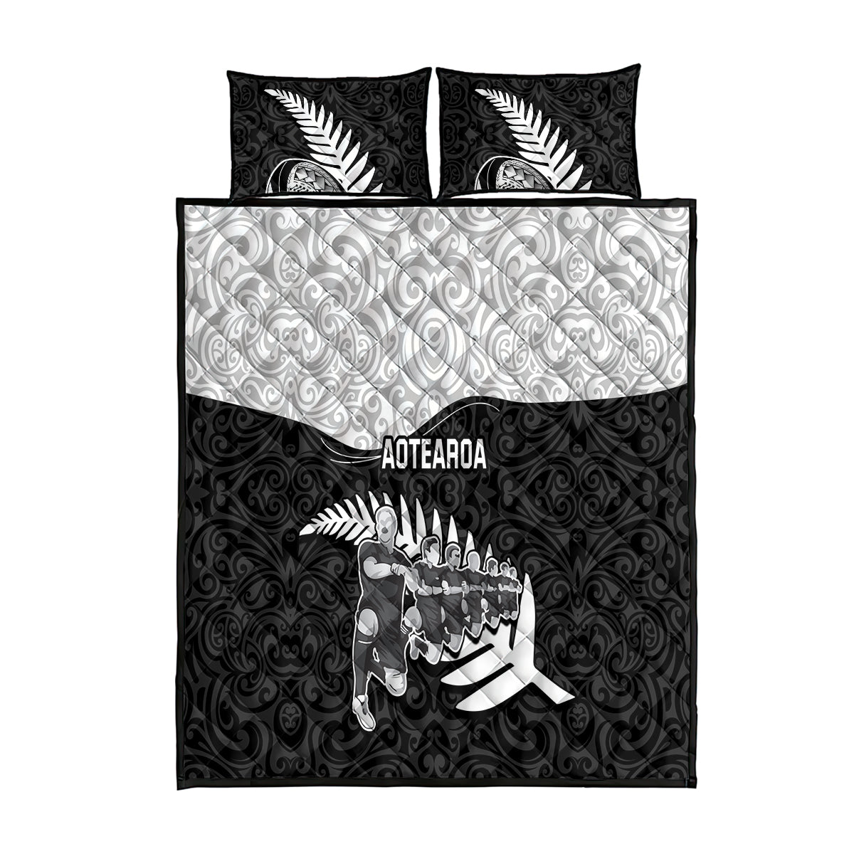 New Zealand World Cup 2023 Quilt Bed Set Aotearoa Haka Rugby with Silver Fern Maori Ethnic Pattern LT03 Black - Polynesian Pride