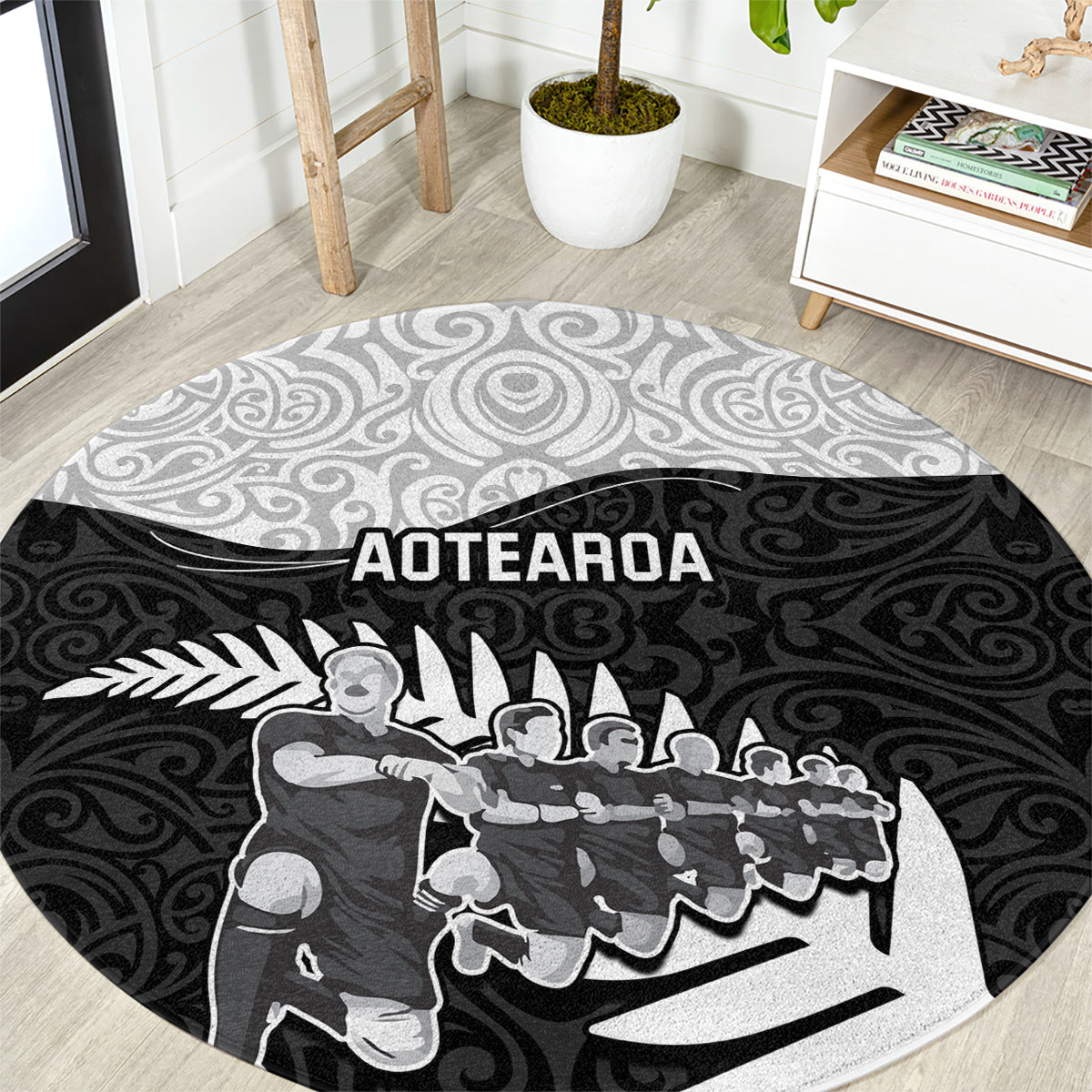 New Zealand World Cup 2023 Round Carpet Aotearoa Haka Rugby with Silver Fern Maori Ethnic Pattern LT03 Black - Polynesian Pride