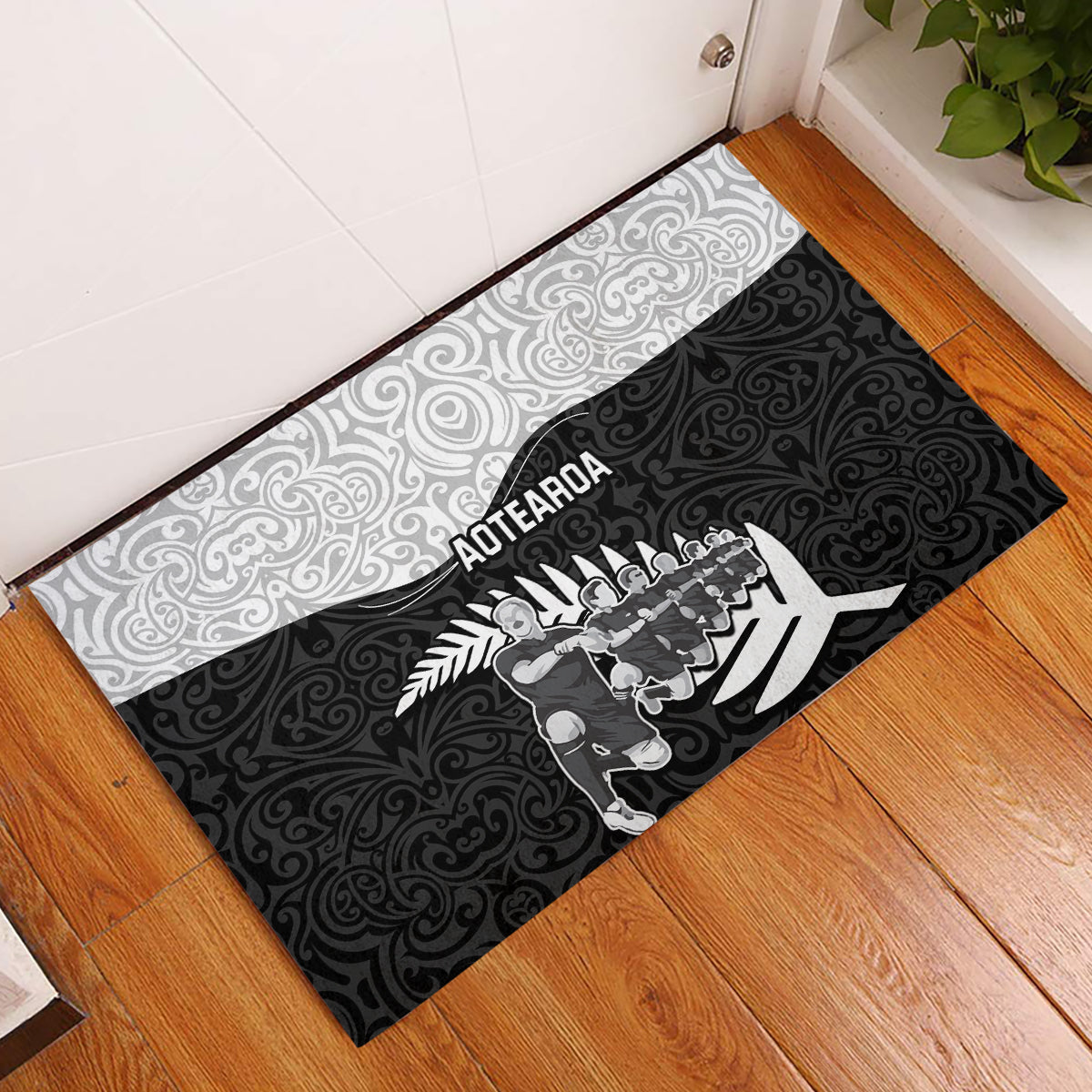 New Zealand World Cup 2023 Rubber Doormat Aotearoa Haka Rugby with Silver Fern Maori Ethnic Pattern LT03 Black - Polynesian Pride