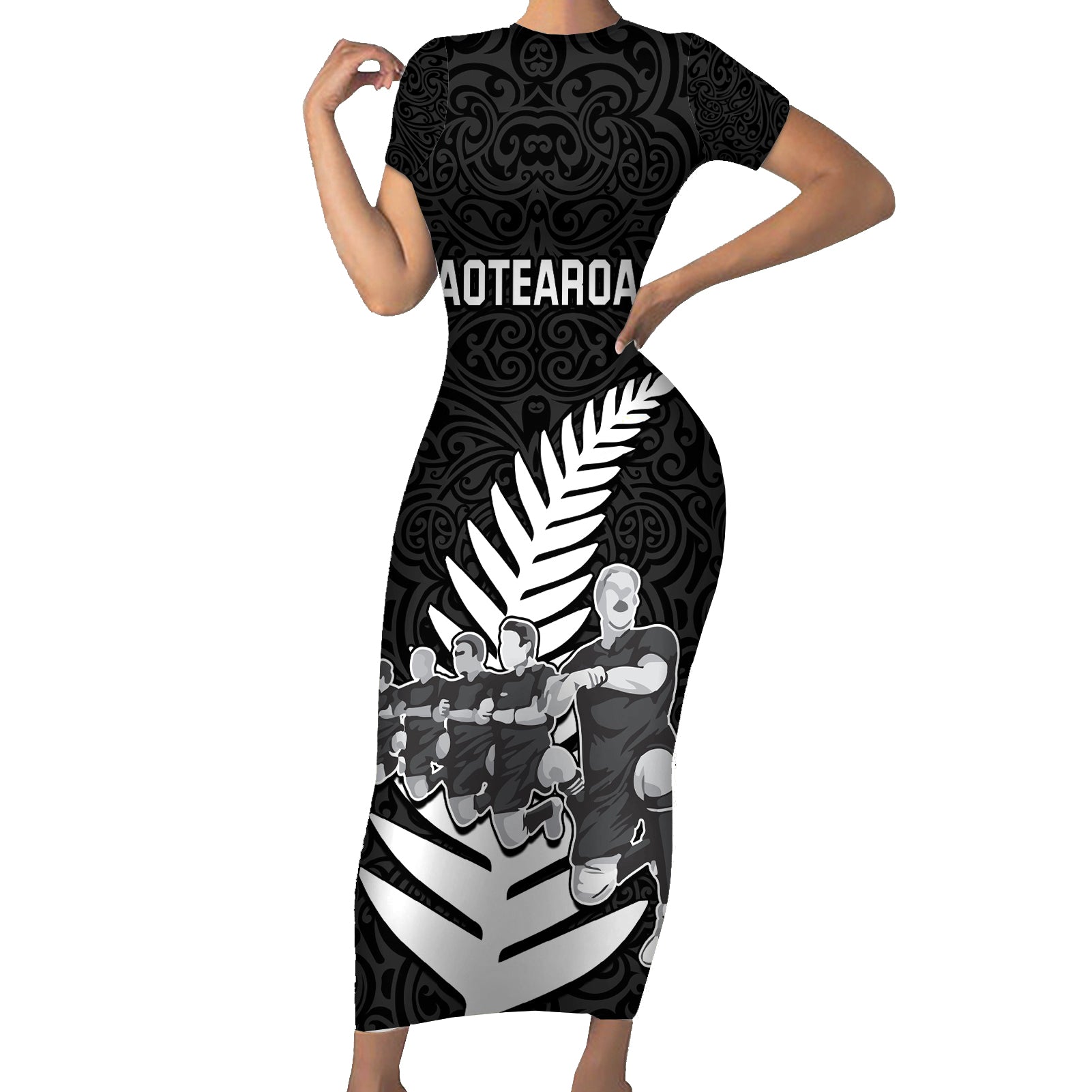 New Zealand World Cup 2023 Short Sleeve Bodycon Dress Aotearoa Haka Rugby with Silver Fern Maori Ethnic Pattern LT03 Long Dress Black - Polynesian Pride