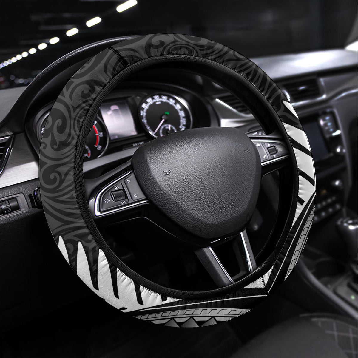 New Zealand World Cup 2023 Steering Wheel Cover Aotearoa Haka Rugby with Silver Fern Maori Ethnic Pattern