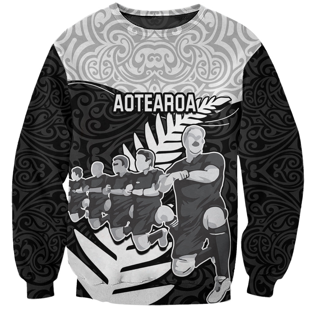 New Zealand World Cup 2023 Sweatshirt Aotearoa Haka Rugby with Silver Fern Maori Ethnic Pattern LT03 Unisex Black - Polynesian Pride