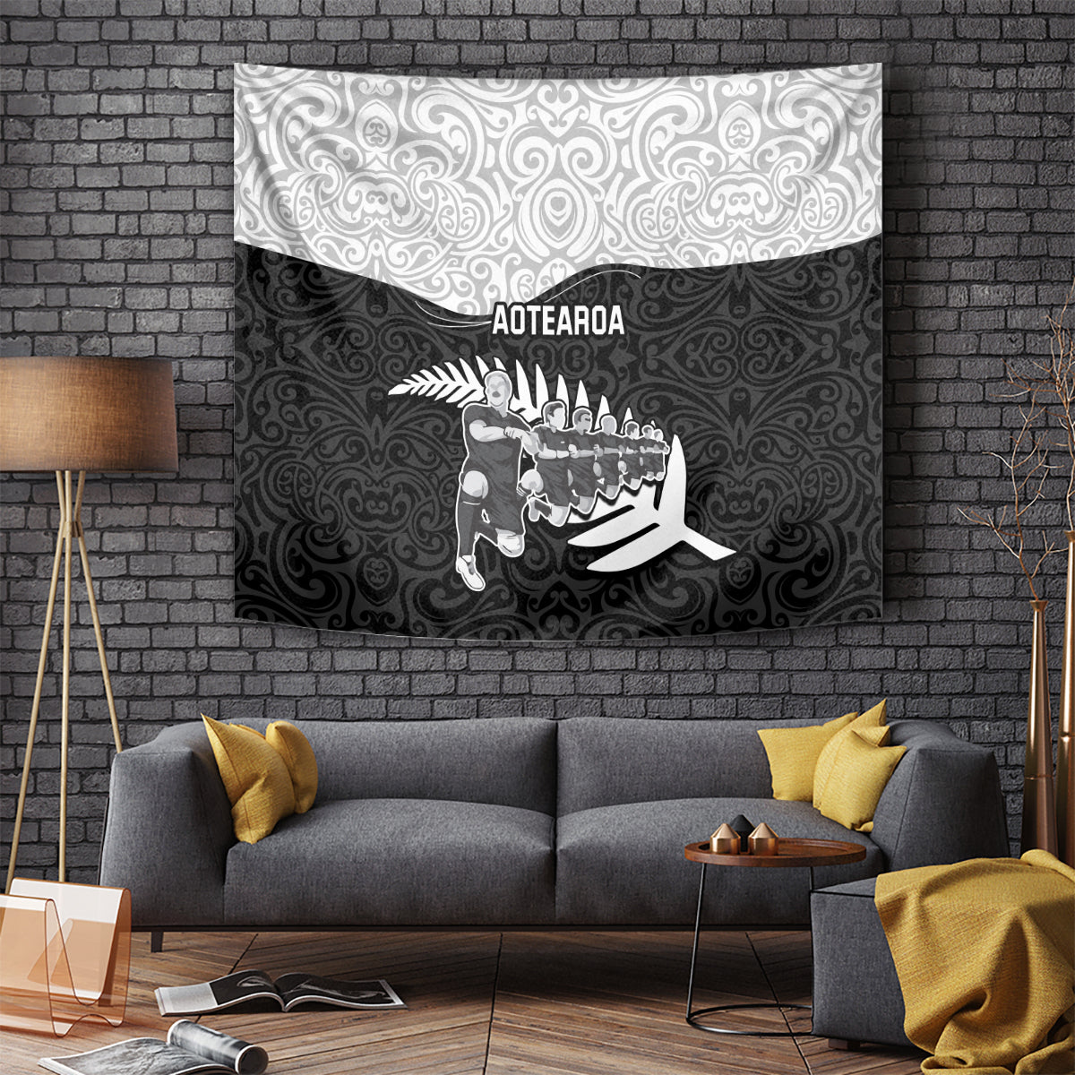 New Zealand World Cup 2023 Tapestry Aotearoa Haka Rugby with Silver Fern Maori Ethnic Pattern LT03 Black - Polynesian Pride